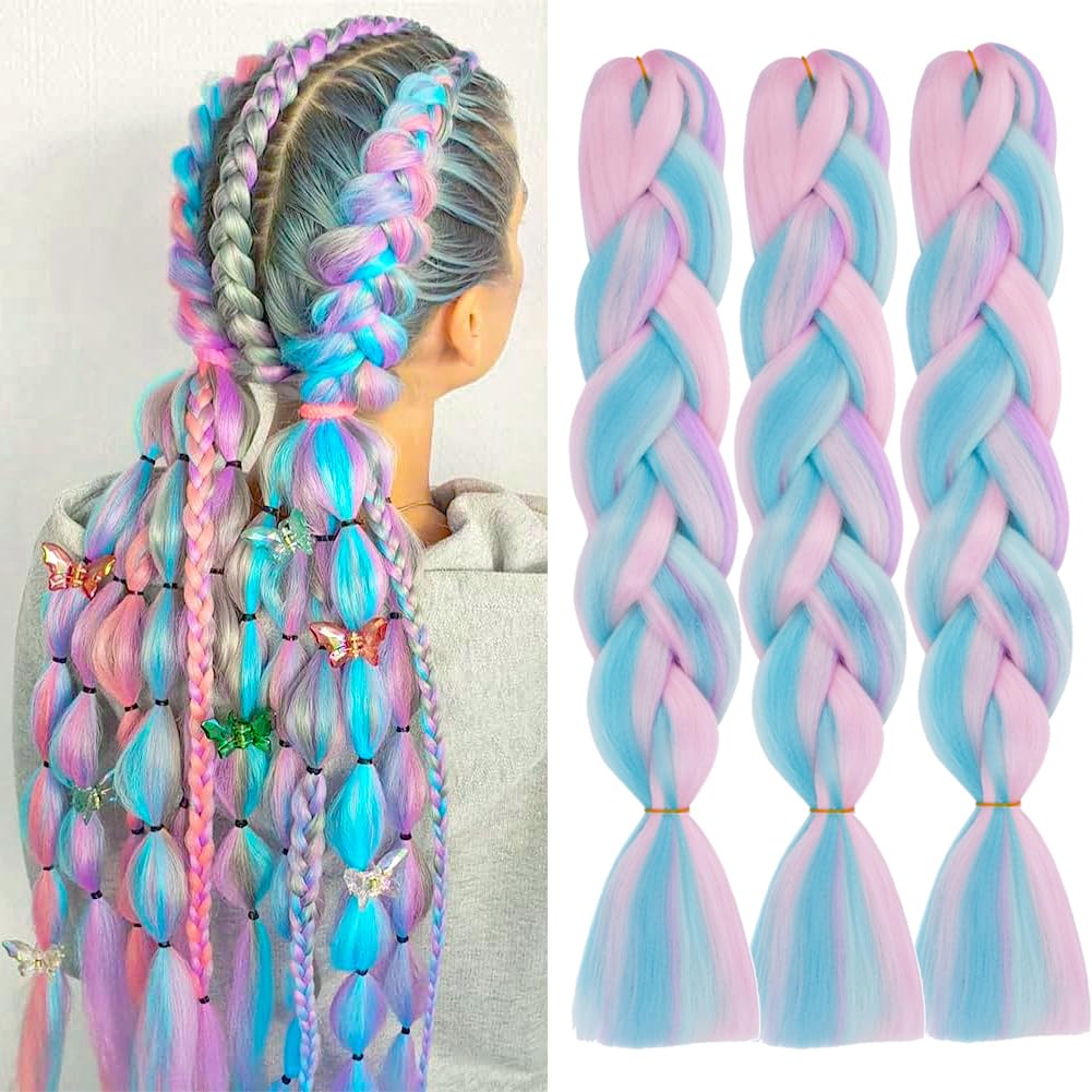 ColorfulPanda 3pcs/pack 24inch Hair Extensions for Braiding Crochet Twist Hair Pink/Purple/Ice Blue/Light Blue Color,Yaki Synthetic Easy Jumbo Braids Pre-stretched African Box Braided hair