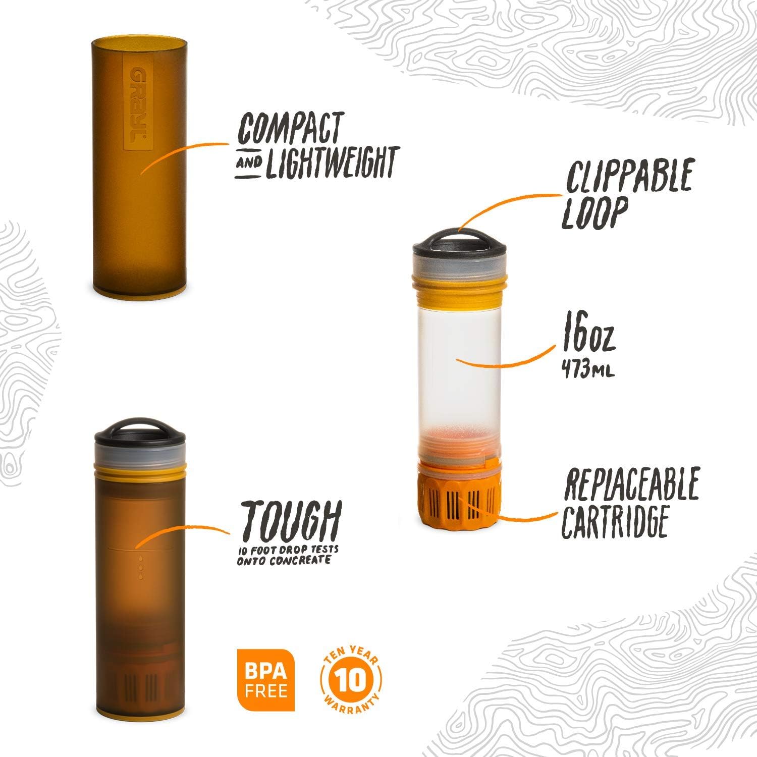 GRAYL Ultralight Water Purifier [+ Filter] Bottle (Coyote Amber) : Sports & Outdoors