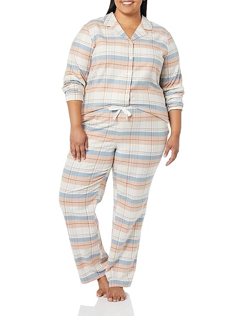 Amazon Essentials Women's Flannel Long-sleeved Button Front Shirt and Trousers Pyjama Set, Beige Mix Plaid, XS
