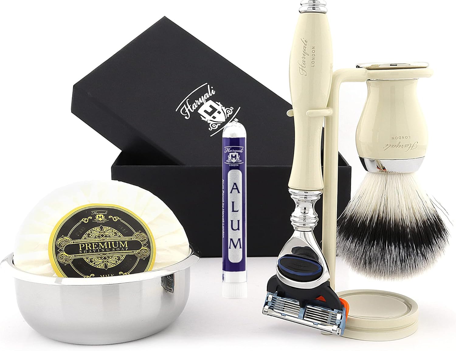 Haryali London 6 Pc Mens Shaving Kit 5 Edge Shaving Razor with Synthetic Badger Hair Brush, Stand, Soap, Bowl and Alum Perfect Set for Men