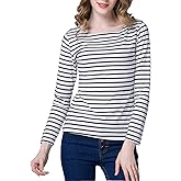 Tulucky Women's Casual Long Sleeve Shirts Stripe Tees Round Neck Tank Tops