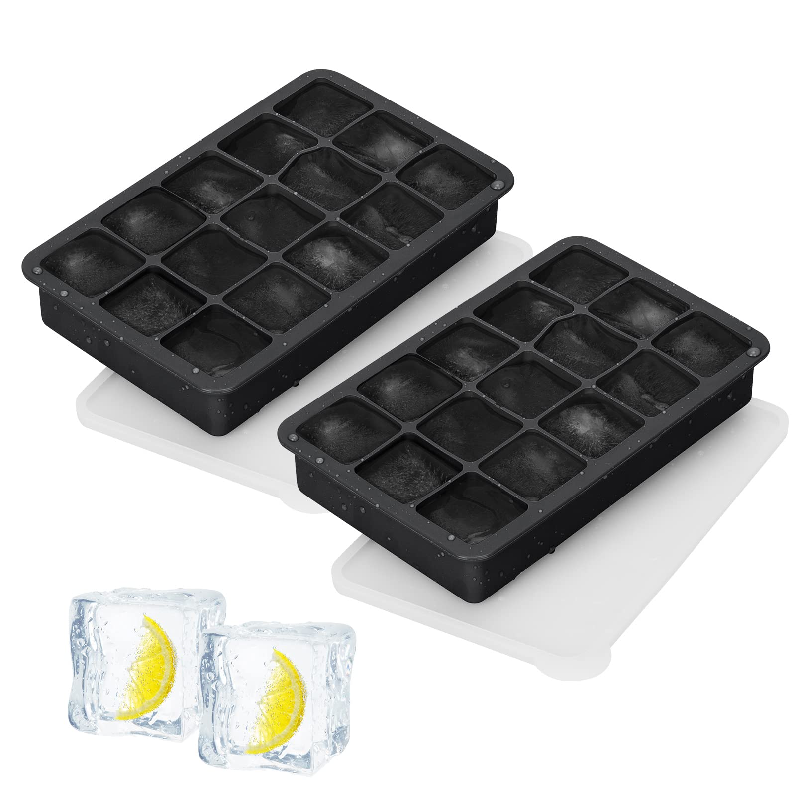 2 Pack Ice Cube Trays, Silicone Square Whiskey Ice Ball Mould with Removable Lid, 15 Ice Cubes per Tray for Cocktails, Whiskey and Drinks Ice Cool (Black, 2 X Small Square)