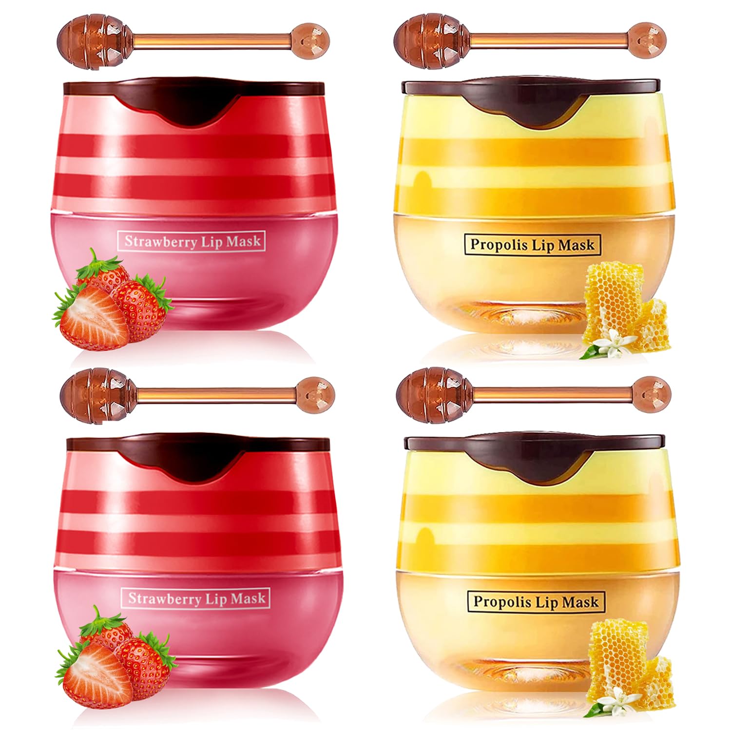 Honey & Strawberry Lip Balm Pot, Hydrating Propolis Sleeping Mask, Prevent Dry & Cracked, Repair Nourishes Skin (2pcs Honey & 2pcs Strawberry)