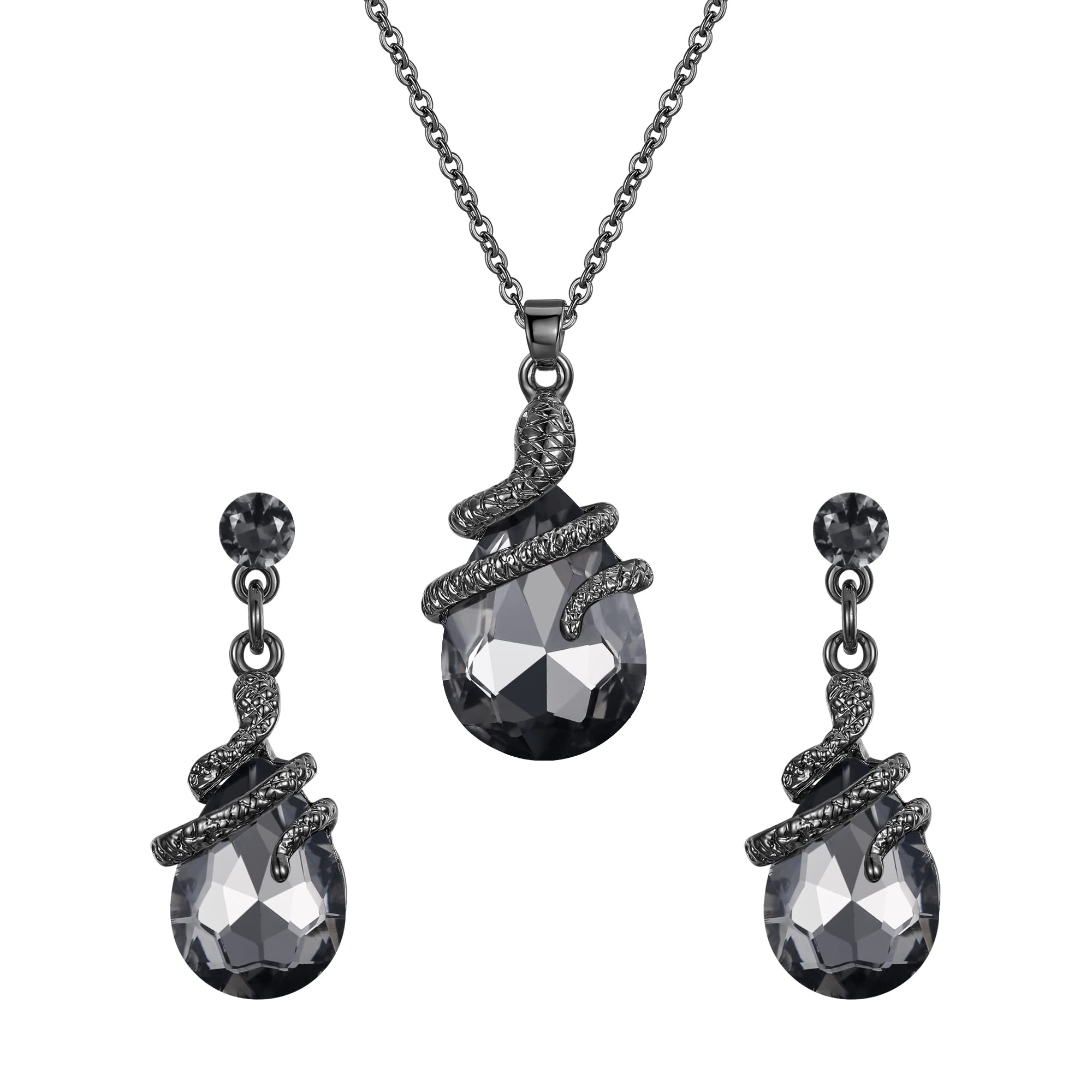 Ever Faith Snake Pendant Necklace with Earrings Set Halloween Costume Snakes Jewellery Set Goth Serpent Greek Medusa Cosplay Accessories for Women Grey