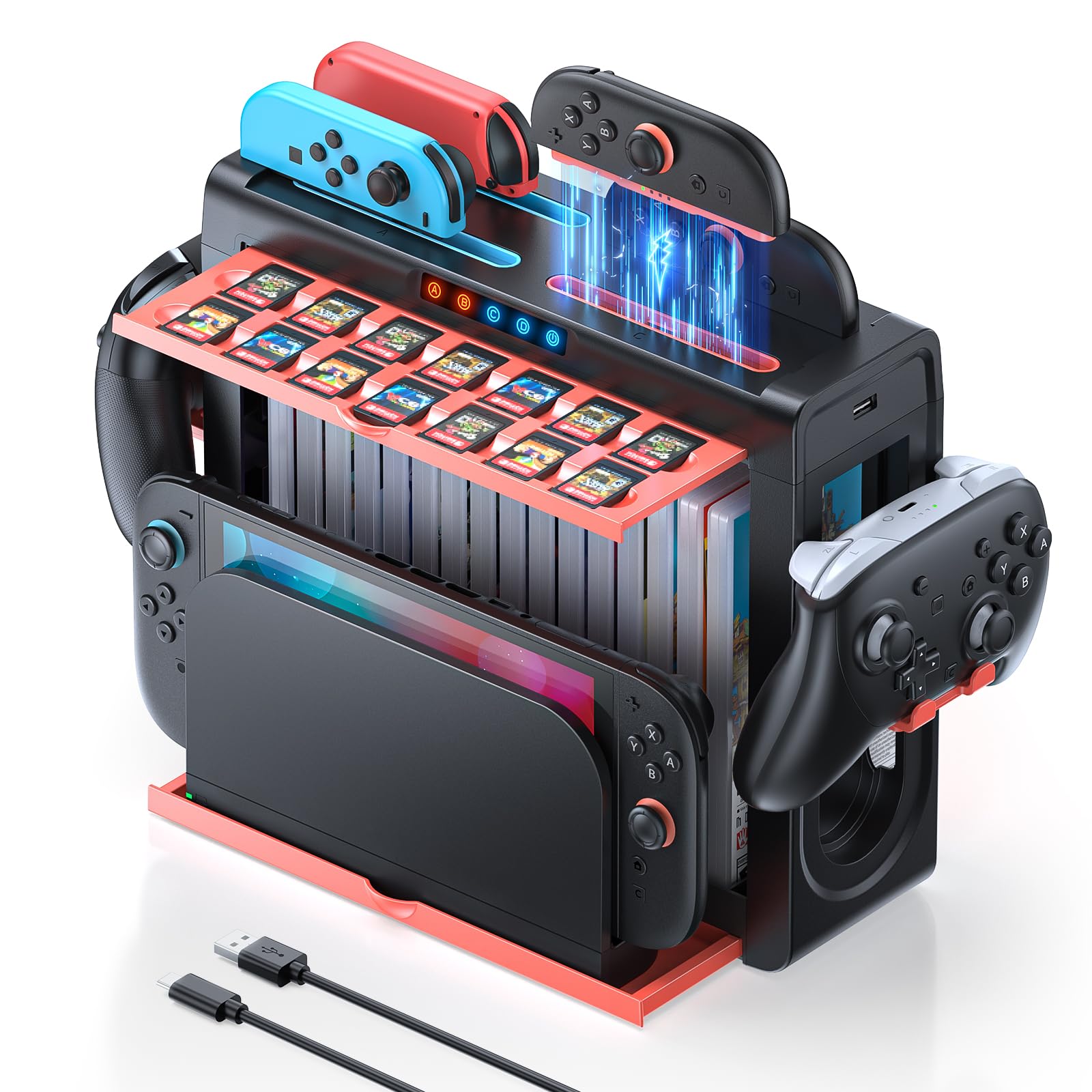 [Switch 2/1 Compatible]Organizer and Charging Station for Nintendo Switch 2, Charger Dock for Joycon 2/1, Retractable Storage Stand for Switch2 Console, 16 Game Disc, 14 Game Cards, for Pro Controller