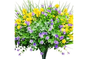 CEWOR 9pcs Artificial Flowers, UV Resistant Faux Outdoor Flowers, Fake Plastic Flowers for Cemetery Decoration Home Kitchen Bedroom Wedding Party Decor (Yellow, Purple, Green)