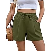 AKEWEI Linen Shorts Women Casual Wide Leg High Waisted Summer Pants Comfy Elastic Waist Drawstring Shorts with Pockets