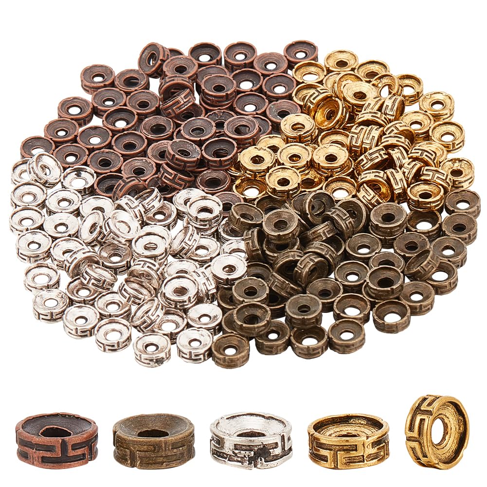 PH PandaHall 200pcs Tibetan Spacer Beads, 4 Colors Flat Round Beads 7.5x3mm Carved Roundelle Spacer Beads Metal Alloy Beads Loose Beads for Jewelry Bracelet Necklace Earring Making, Hole 2.5~3mm
