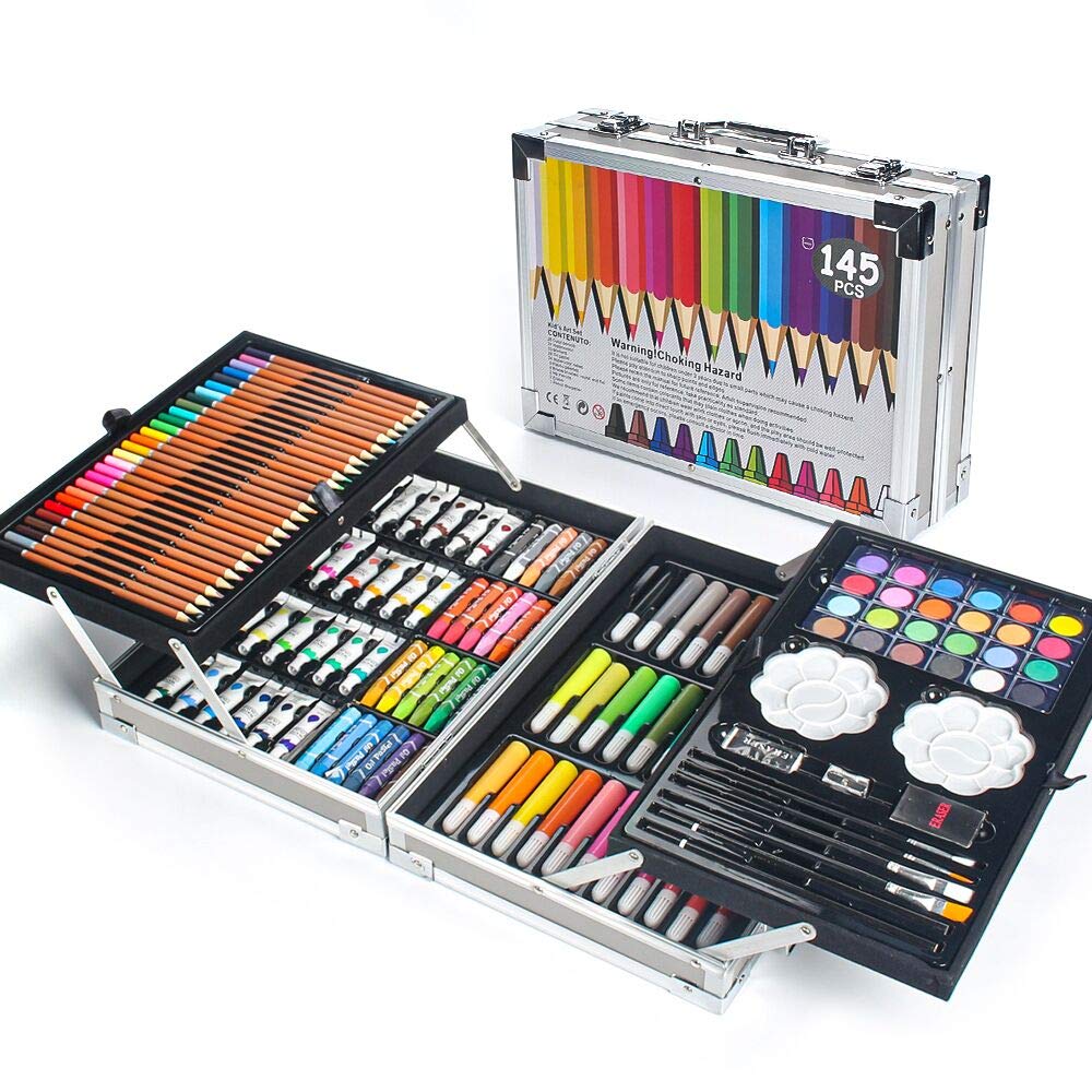 MIAOKE 145 Piece Art Set, Deluxe Mega Aluminum Box & Drawing Kit with Colored Pencils, Markers, Watercolor Paints, Crayons, HB Pencils, Watercolor Cake, Brush, 18-Sheet Sketch pad