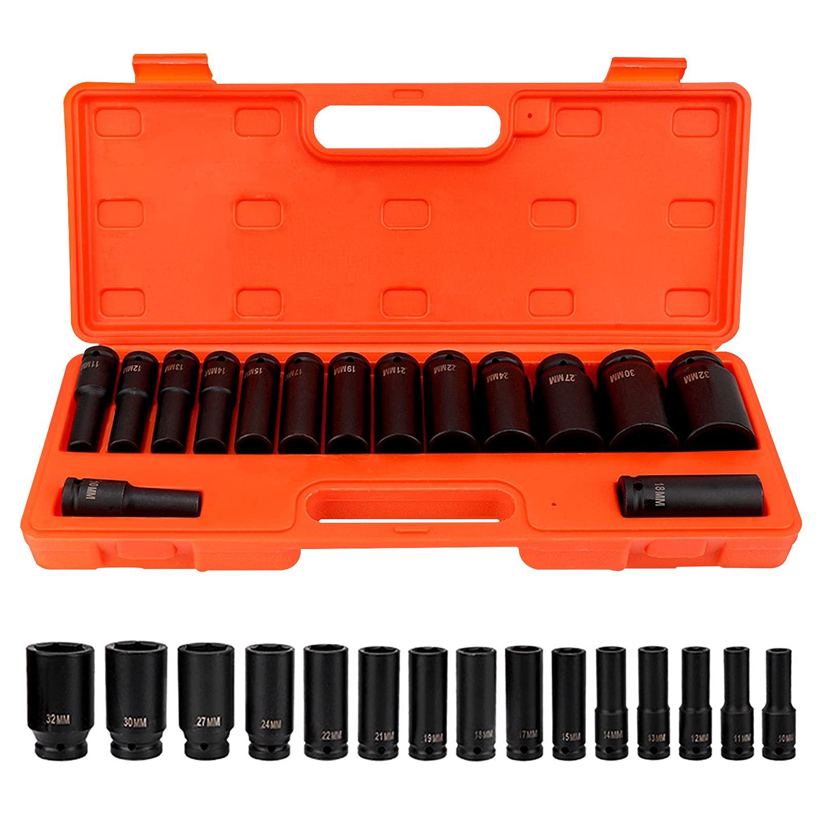 15-Piece Deep Impact Socket Set, 1/2 Inch Drive, Carbon Steel, 10-32mm Range with Storage Case for Garage Workshop