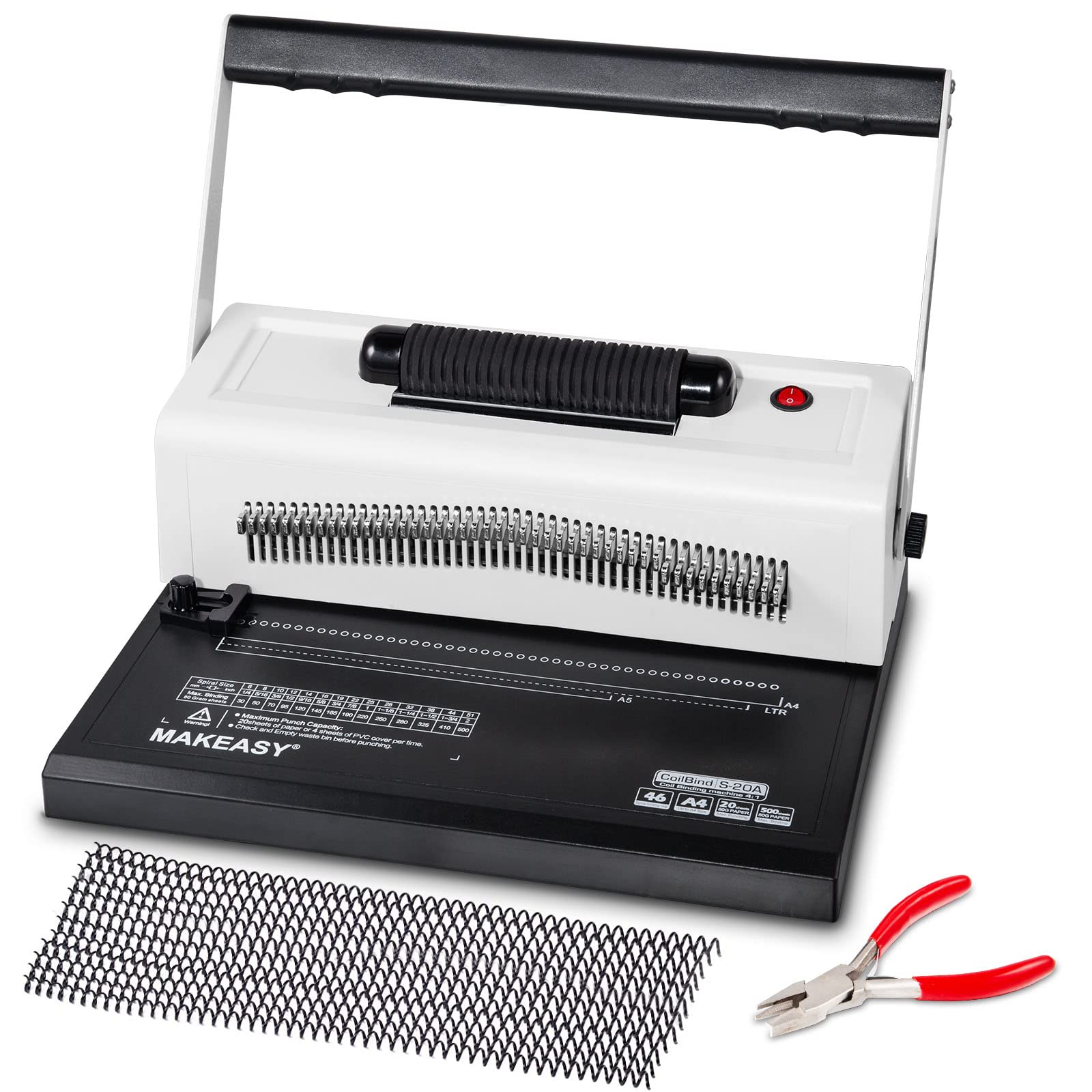 Photo 1 of MAKEASY Spiral Coil Binding Machine with 46 Fully Disengaging Pins - Electric Coil Inserter - Adjustable Side Margin, Comes with Free 1 Box Coil Spines & Plier, 20 Sheet Punch Capacity