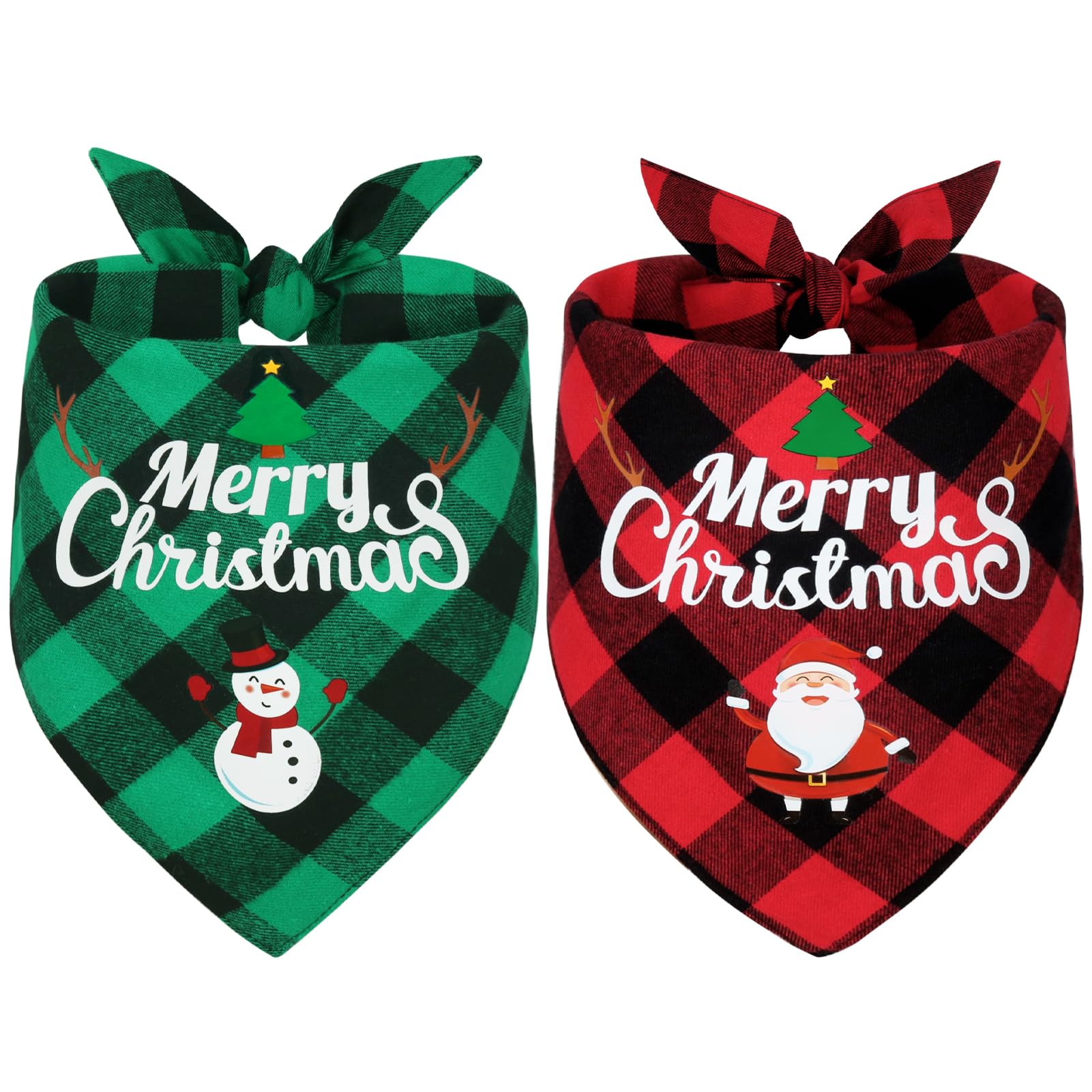 Vivifying Dog Christmas Bandanas, 2Pcs Adjustable Triangle Dog Bandanas with Chequered Print, Dog Christmas Costume for Dogs (Large, Green&Red)