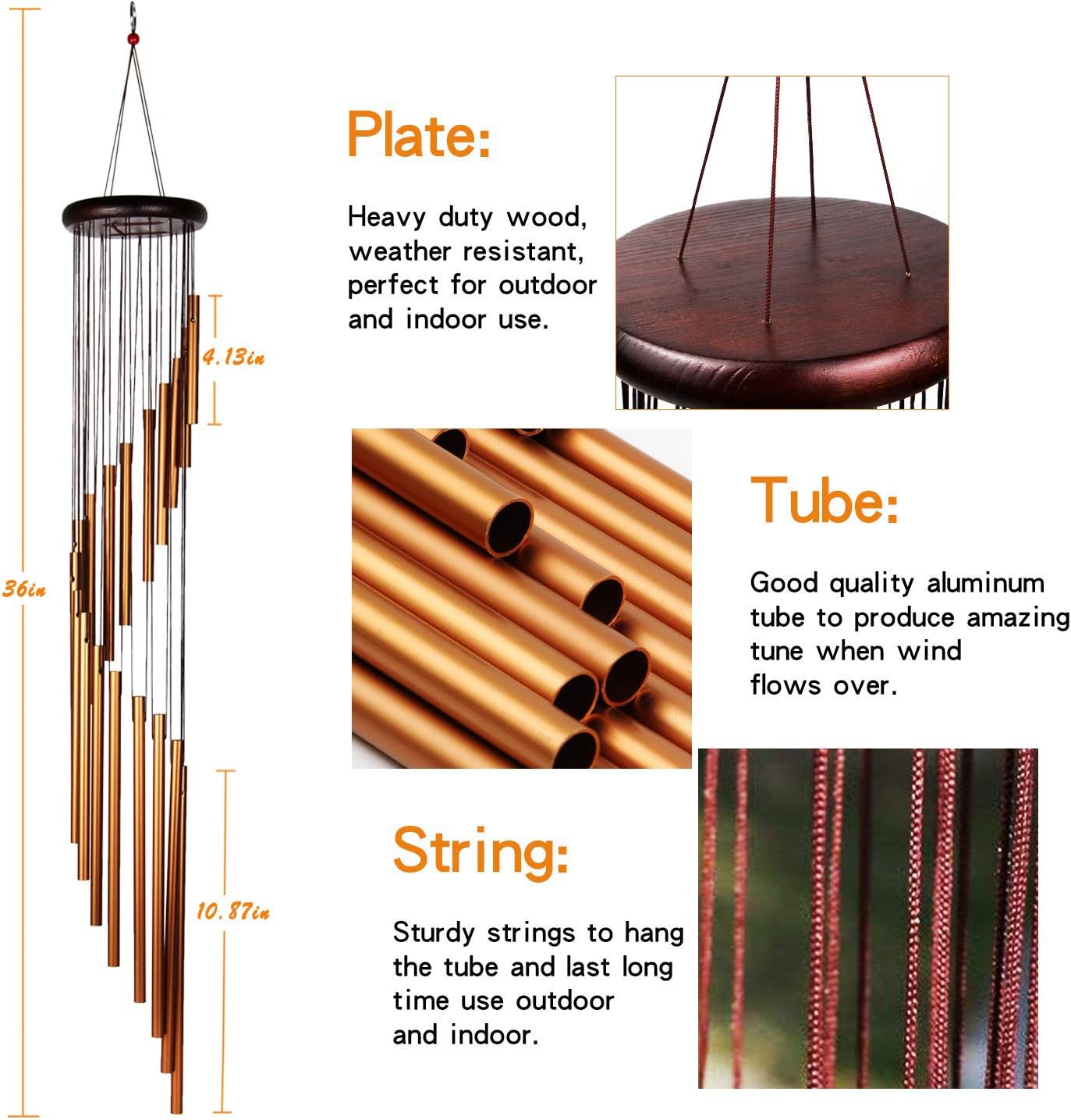 Epartswide Wind Chimes Outdoor, Large Wind Chimes, 36" Garden Chimes with 18 Aluminum Alloy Tubes and 3 S Hooks for Garden Patio Decor(Golden) : Garden & Outdoor