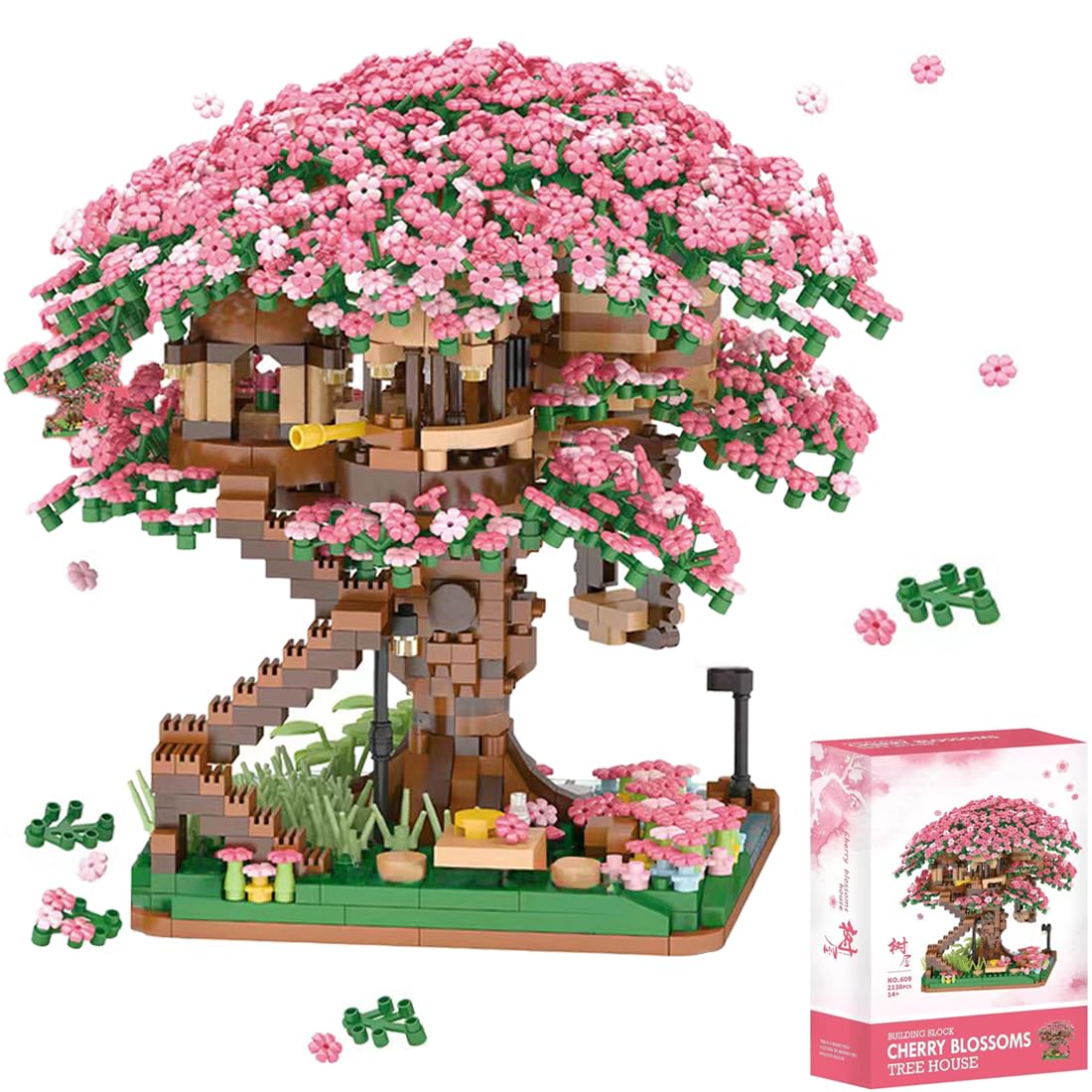 FULHOLPE Street View Cherry Bonsai Tree Bricks Model Set, 2138Pcs DIY Sakura Tree House Building Block Assembly Mini Particle Construction Toy - Not Compatible with Major Brands