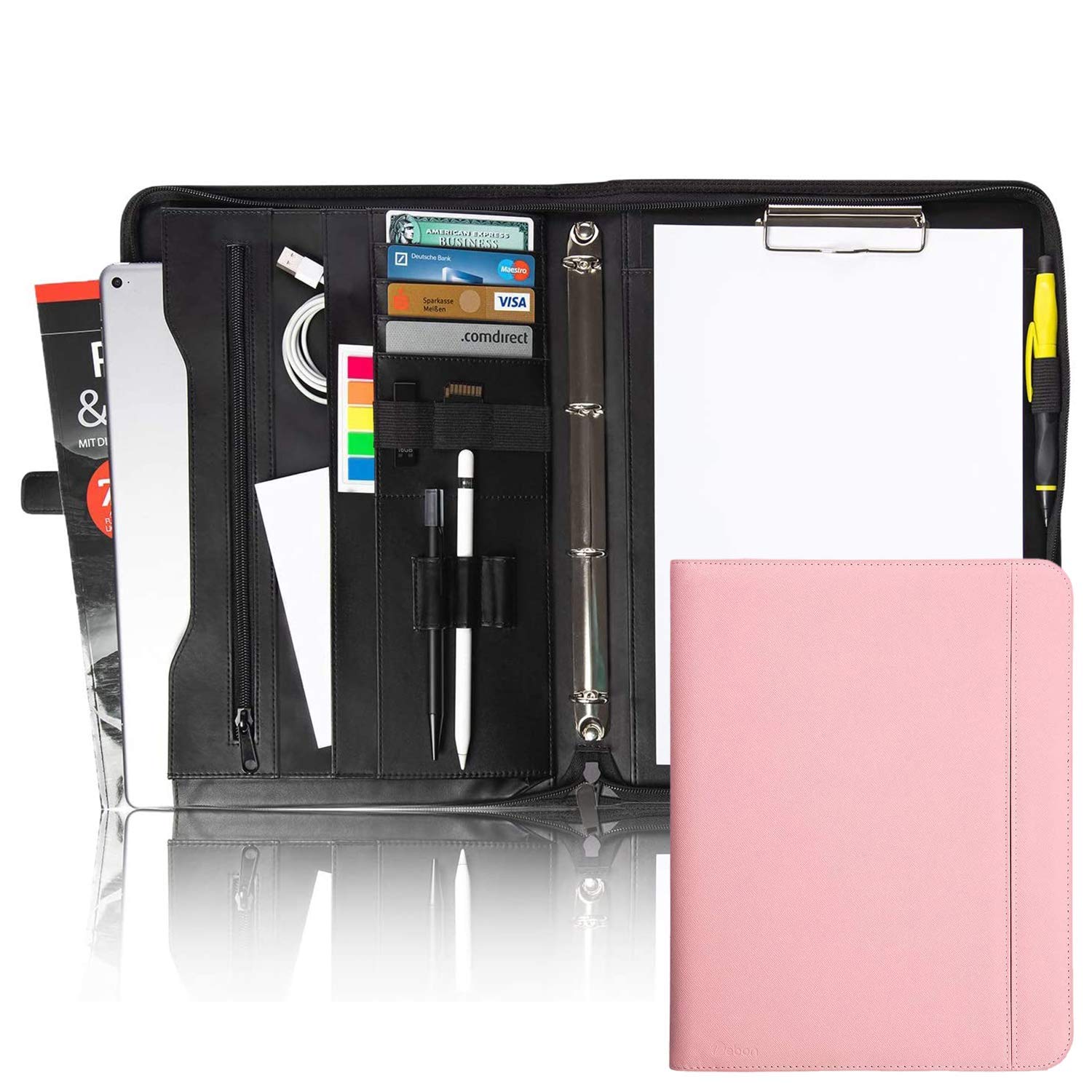 Vebon® Writing Case Ring Binder A4 "Berlin" I Zip + Clipboard I Conference Folder + Laptop Bag I Extra Storage Space I Black I Faux Leather, Pastel pink