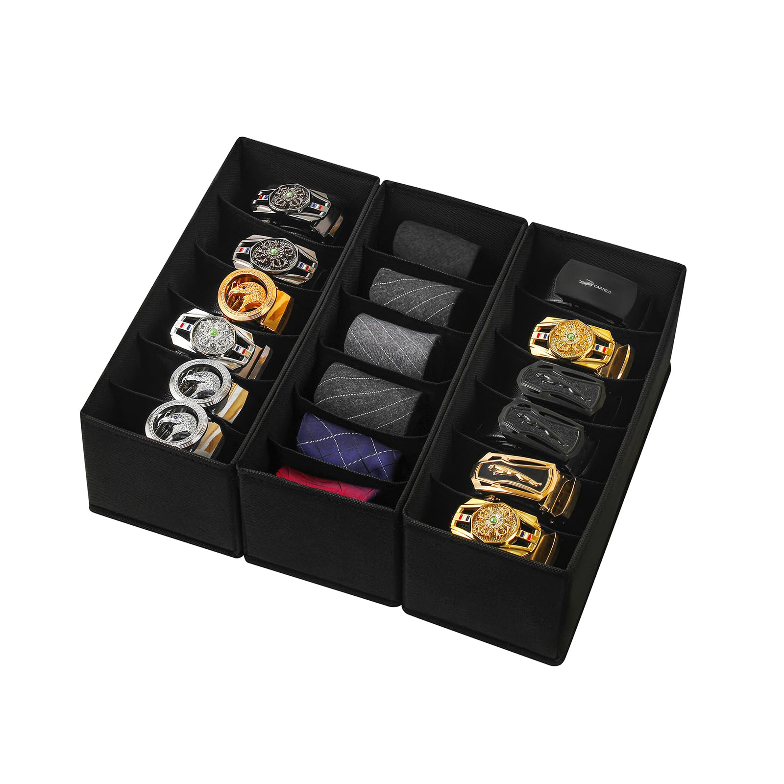 Photo 1 of Coorganisers 3 Pack Fabric Belt Organizer with 6 Grids per Organizer, Foldable Drawer Organizers for Closet and Drawer, Belt and Tie Holder - Black