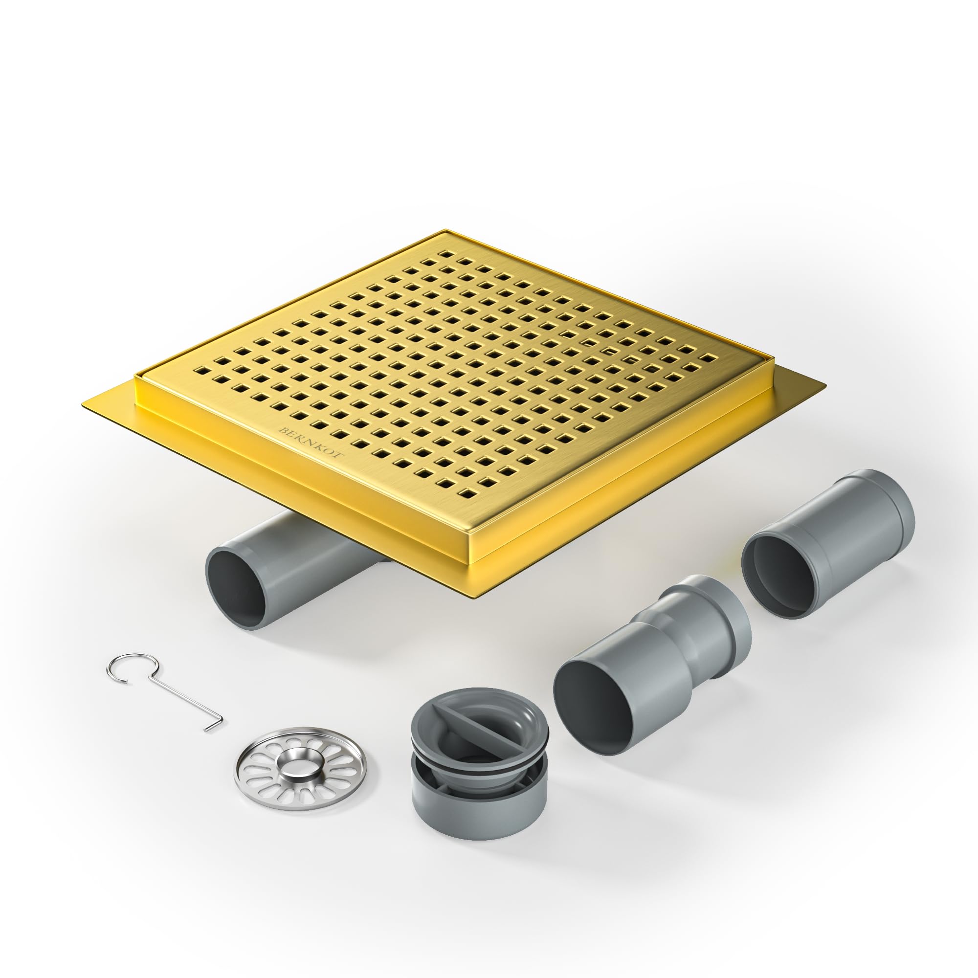 Bernkot Duschrinne Quadrat 20 * 20cm, 360° Siphon mit Geruchsstop und Haarsieb Edelstahl Ablaufrinne Bodenablauf Duschablauf sehr flach DN50 DN40，Gold