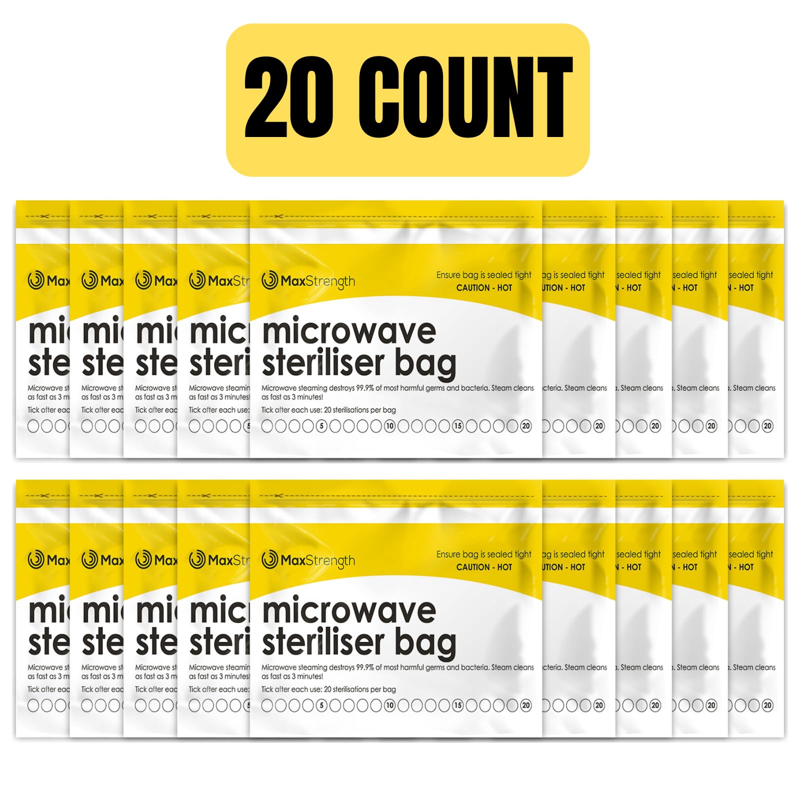 Microwave Steam Sterilizer Bags 20pc for Baby Bottles, Soothers, Teethers, Breast Pump Parts, Training Cups, Accessories, Reusable Large Bags, 20 Uses Per Bag, Easy Tracking System