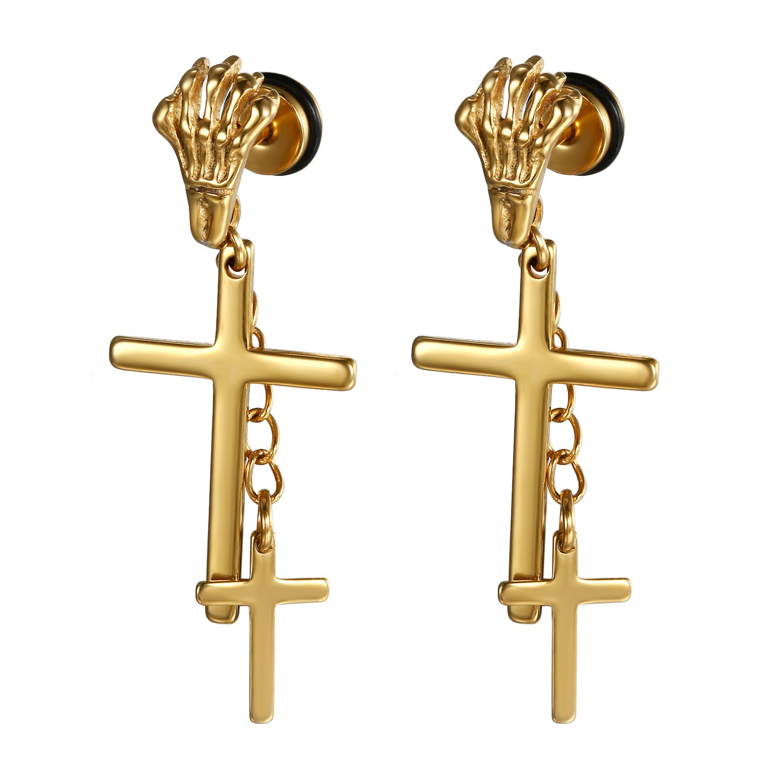 JewelryWe 2pcs Unisex Mens Stainless Steel Double Cross Pendants Dangling Vintage Gothic Skull Claw Stud Earrings,Gold Color (with Gift Bag)