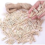 Mini Clothes Pins for Photo, Small Clothespins 200 pcs 1" Natural Wooden Mini Clothes Pins with Jute Twine, Mini Photo Clips