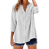 LOMON Cotton 3/4 Sleeve Button Down Shirts for Women Gingham Plaid Striped Tops V Neck Casual Loose Blouse