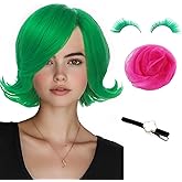 Wdnew Green Wig for Women No Inside Outward St Patricks Day Green Flip Wig Emotion Side Part Bob Costume Wig for Party Halloween Cosplay