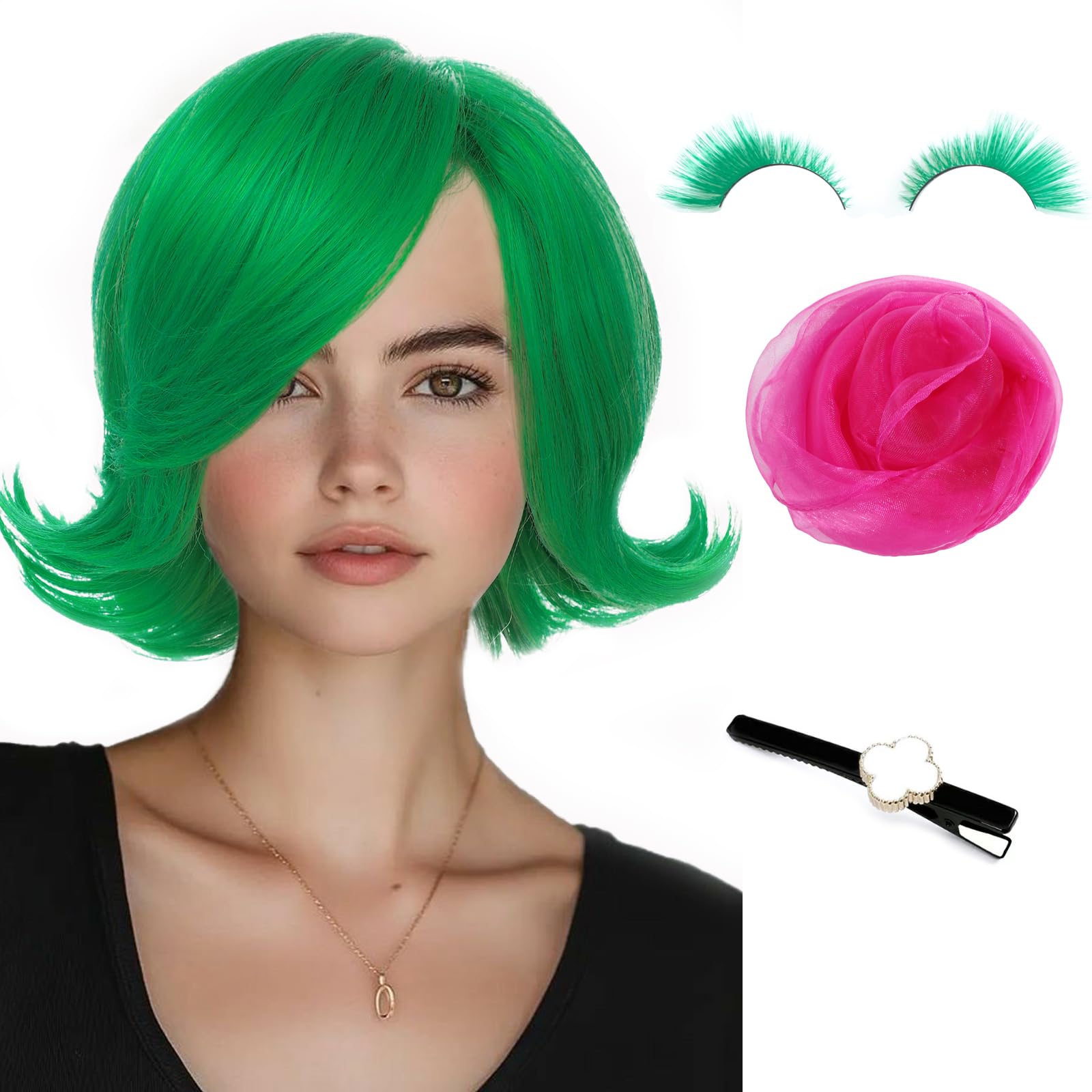 Photo 1 of Wdnew Green Wig for Women No Inside Outward St Patricks Day Green Flip Wig Emotion Side Part Bob Costume Wig for Party Halloween Cosplay