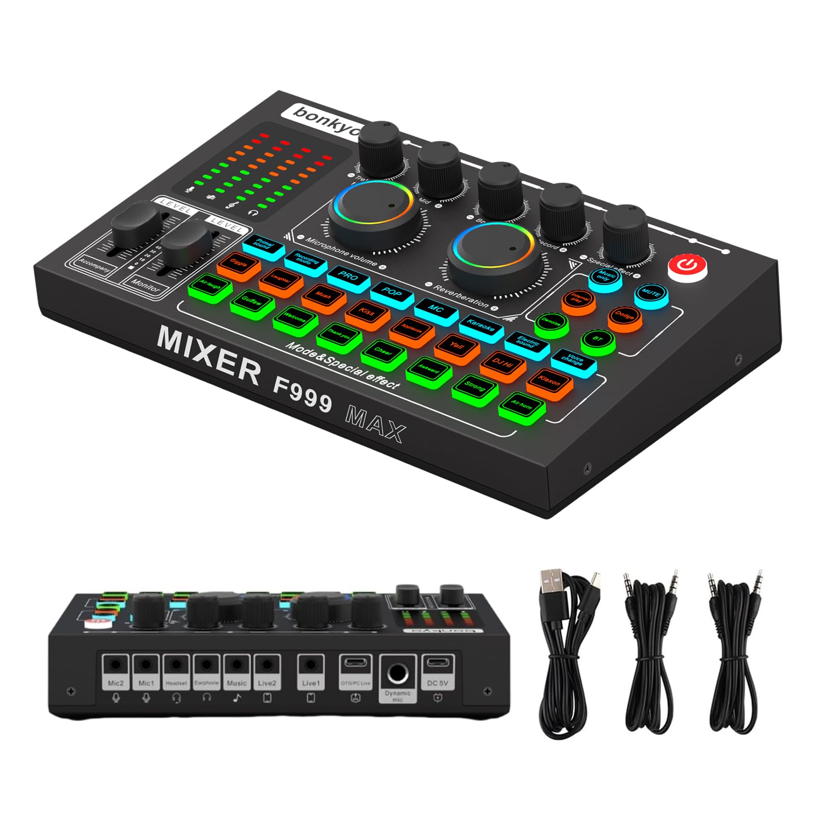 Photo 1 of F999MAX Live Sound Card, Professional Audio Mixer & Noise Reduction, Metal Body & Indicator Panel, Audio Interface & Voice Changer, RGB Lighting Effects, DJ Mixer for Live/Gaming/Podcasting/Karaoke