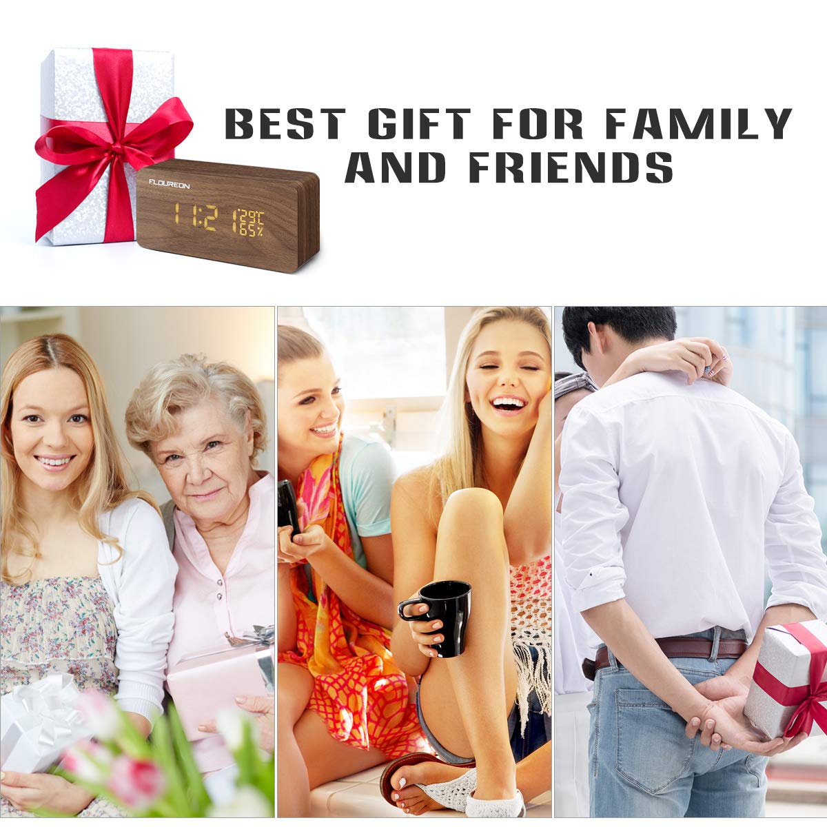 FLOUREON Digitale Wecker, Funk Wecker, LED Display Holzuhr mit 2 Stromversorgungsmodi, 3 Helligkeit, Datum Uhrzeit, Temperatur und Luftfeuchtigkeit (Bambus)