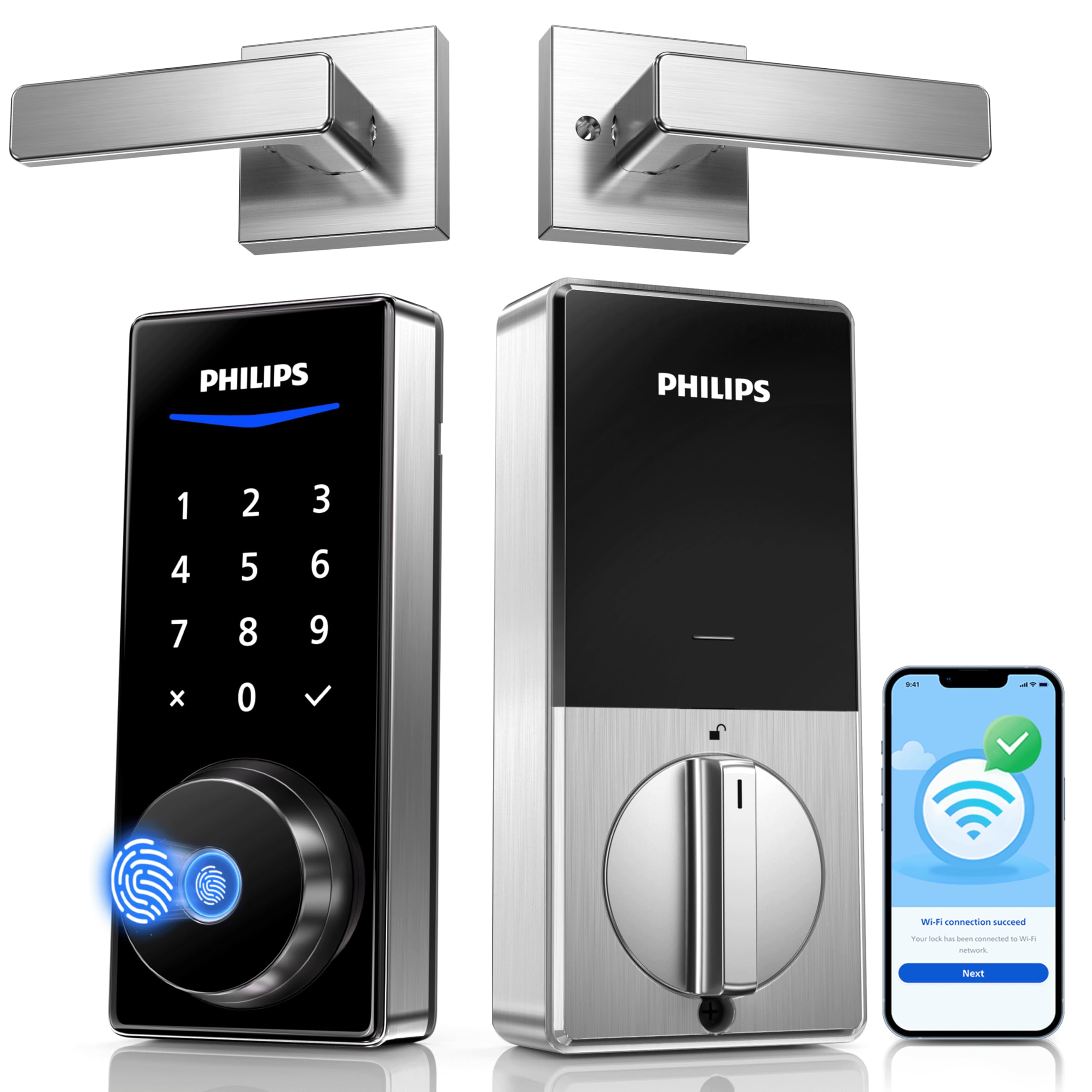 Photo 1 of Philips Wi-Fi Smart Lock with Handles, Built-in WiFi Keyless Entry Front Door Lock Set, Keypad Deadbolt with Handle, App Fingerprint Code Unlock, Auto Locking, Remote Control & Voice Unlock, Nickel