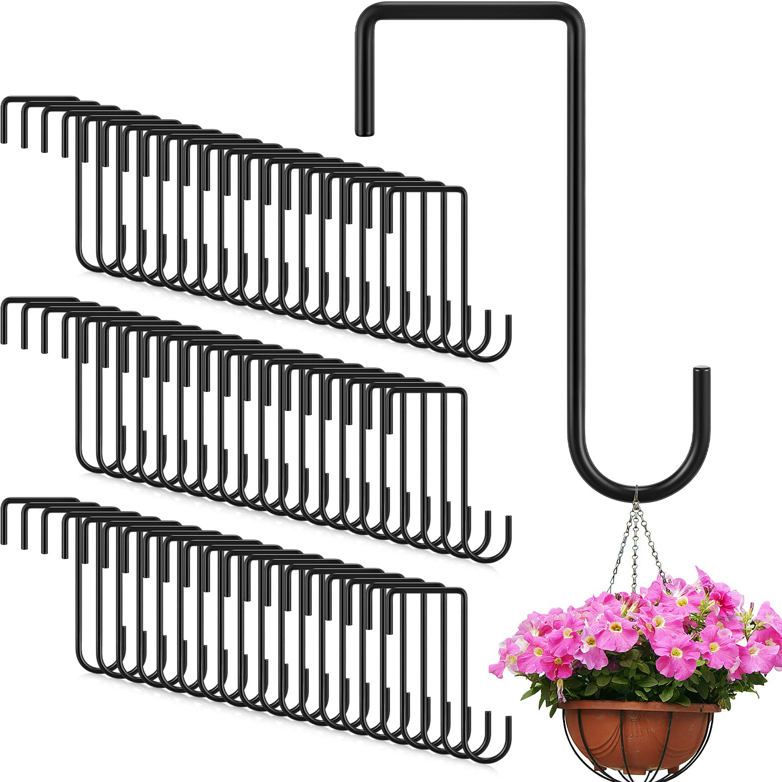 Photo 1 of LEIFIDE 60 Pcs Black Vinyl Fence Hooks 2 x 6 Inch Patio Hangers Hanging Powder Coated Steel Fence Hooks Lattice Shepherds Hook Stick Plant Baskets for Indoor Outdoor Lights Bird Feeder Pool Equipment
