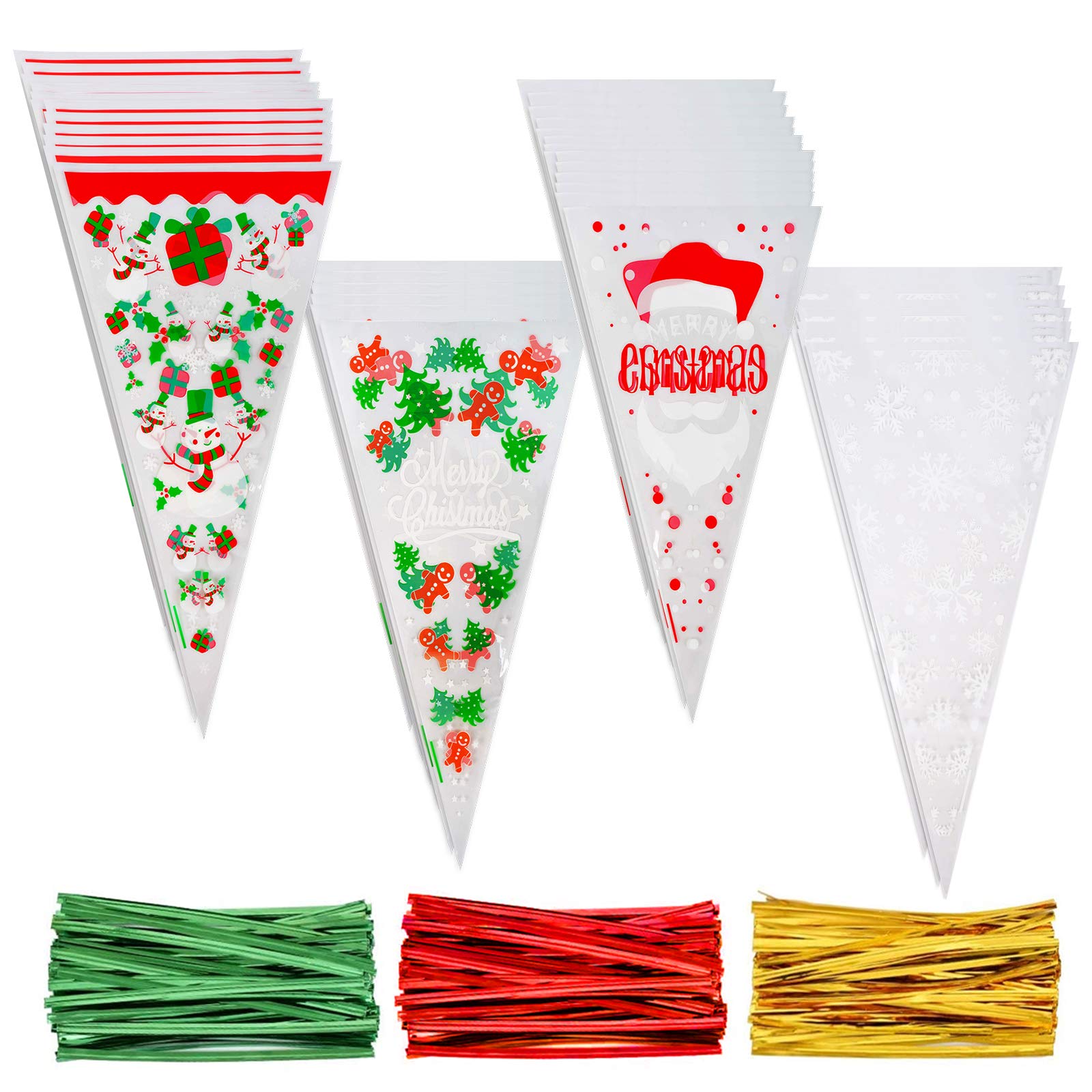 FINGOOO Christmas Candy Cookie Bags 100 Pieces Xmas Cellophane Snack Bags with 150 Twist Ties for Christmas Party Supplies