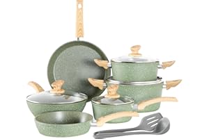 Kitchen Academy Non Toxic Pots and Pans Set Non Stick - 12 Piece Induction Cookware Sets, Green Granite Nonstick Cooking Pot 
