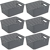 Julyeen 6-Pack Plastic Storage Baskets, Woven Baskets for Organization, Kitchens Pantry Organizer Bin, Gray