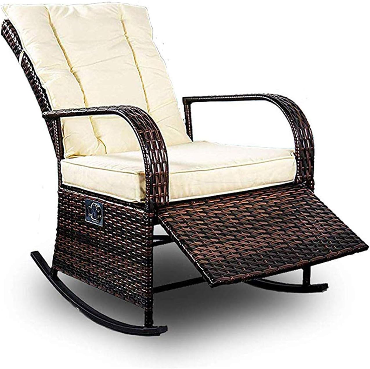 Patio PE Rattan Wicker Rocking Chair Auto Adjustable Patio Sofa Relaxing Lounge Chair Outdoor Furniture (Brown)