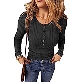 KINLONSAIR Women’s Long Sleeve Henley T Shirts Casual Crewneck Button Down Shirts Solid Slim Fit Knit Tunic Tops
