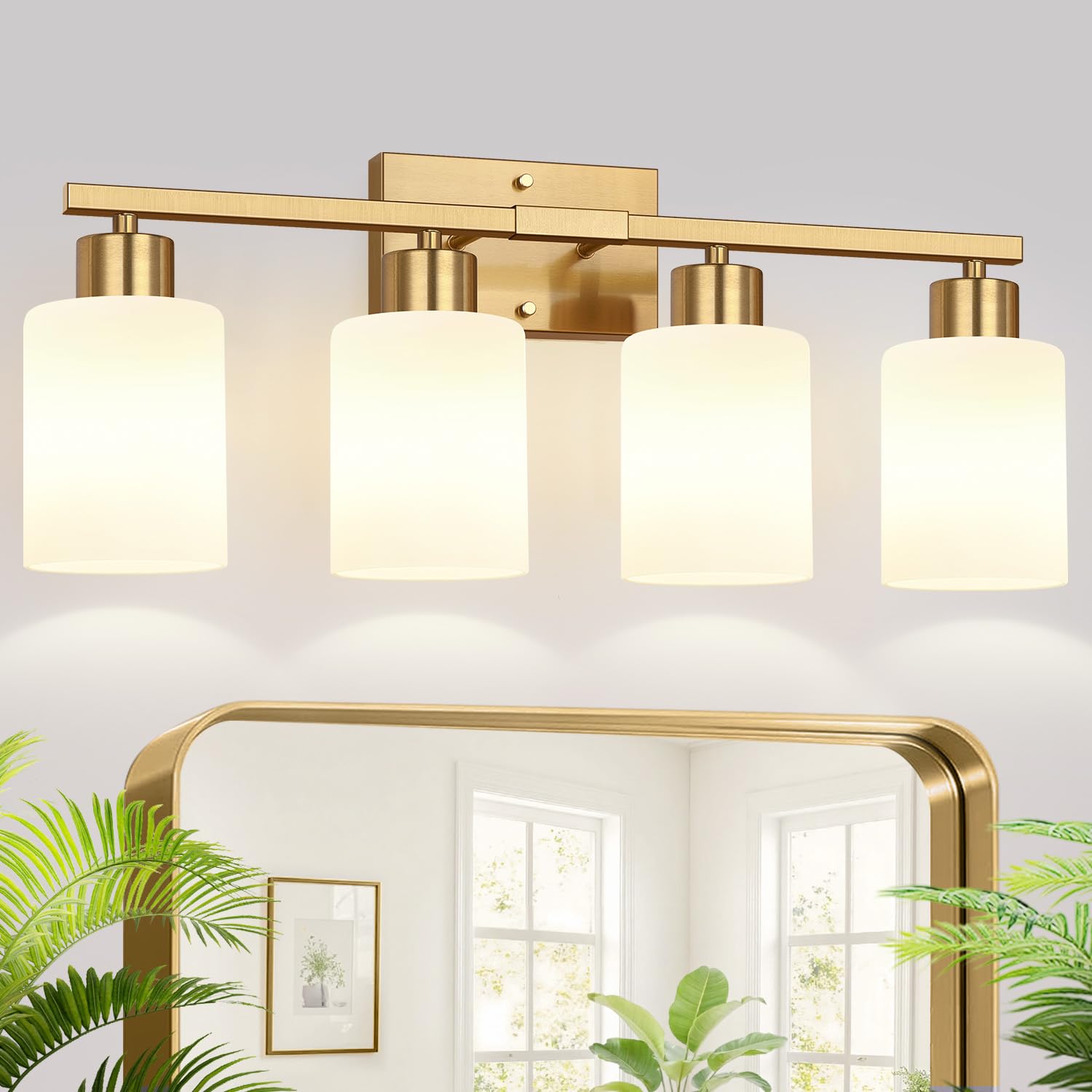 Photo 1 of Meybiok 4-Light Bathroom Light Fixtures, Brushed Gold Vanity Light with Milky White Frosted Glass Shades, Modern Bathroom Vanity Light for Mirror, Bedroom, Hallway, or Living Room