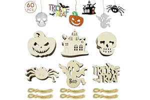 Hidreas 60Pcs Halloween Crafts Unfinished Wooden Ornaments Halloween Craft Kit DIY Wood Cutouts with 60 Pcs Twine Ropes