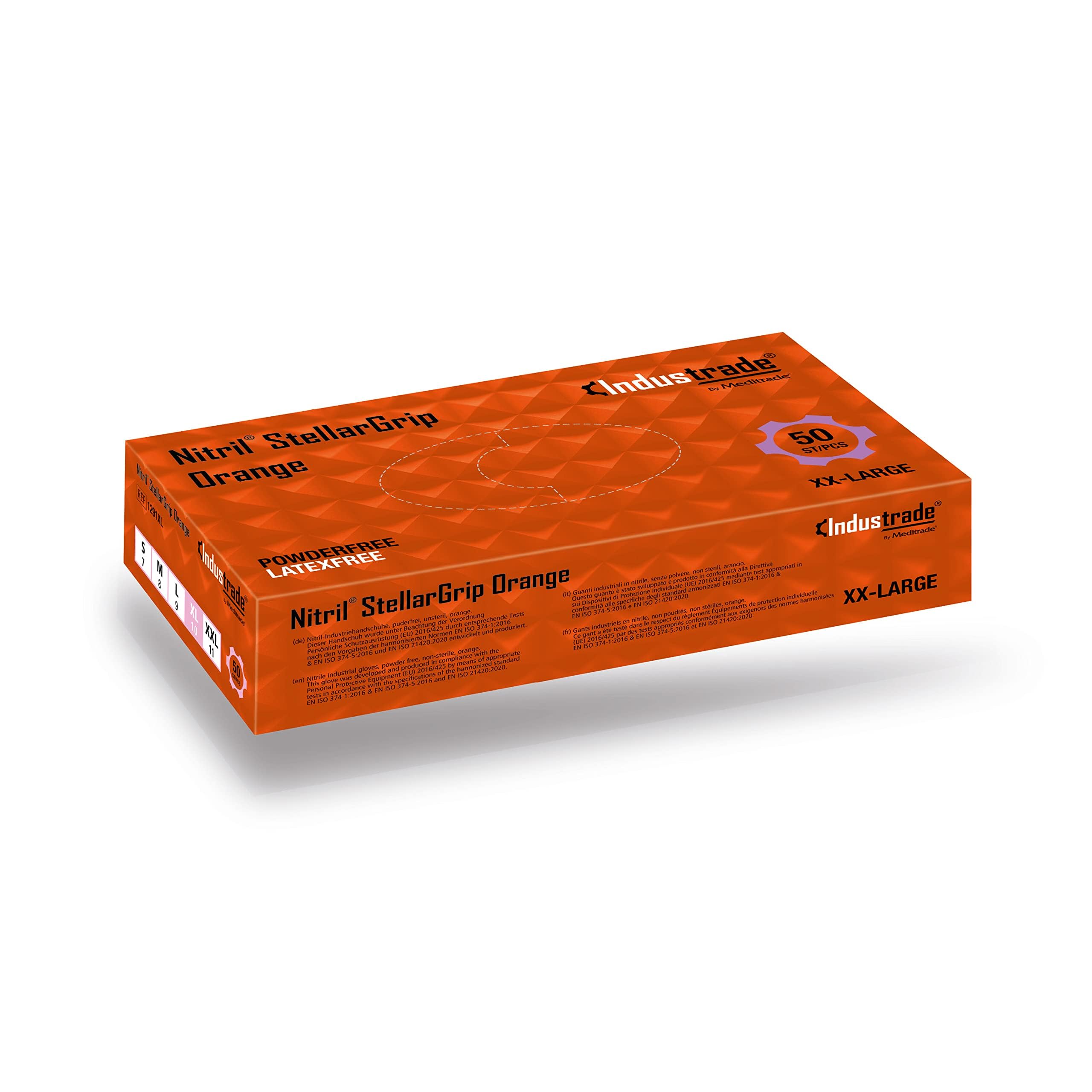 Industrade by Meditrade NITRIL Stellargrip Orange Nitrile Industrial Gloves - Diamond Texture for Enhanced Grip - Powder & Latex Free Disposable Gloves - 8.5g Thickness - XX-Large - 50pcs