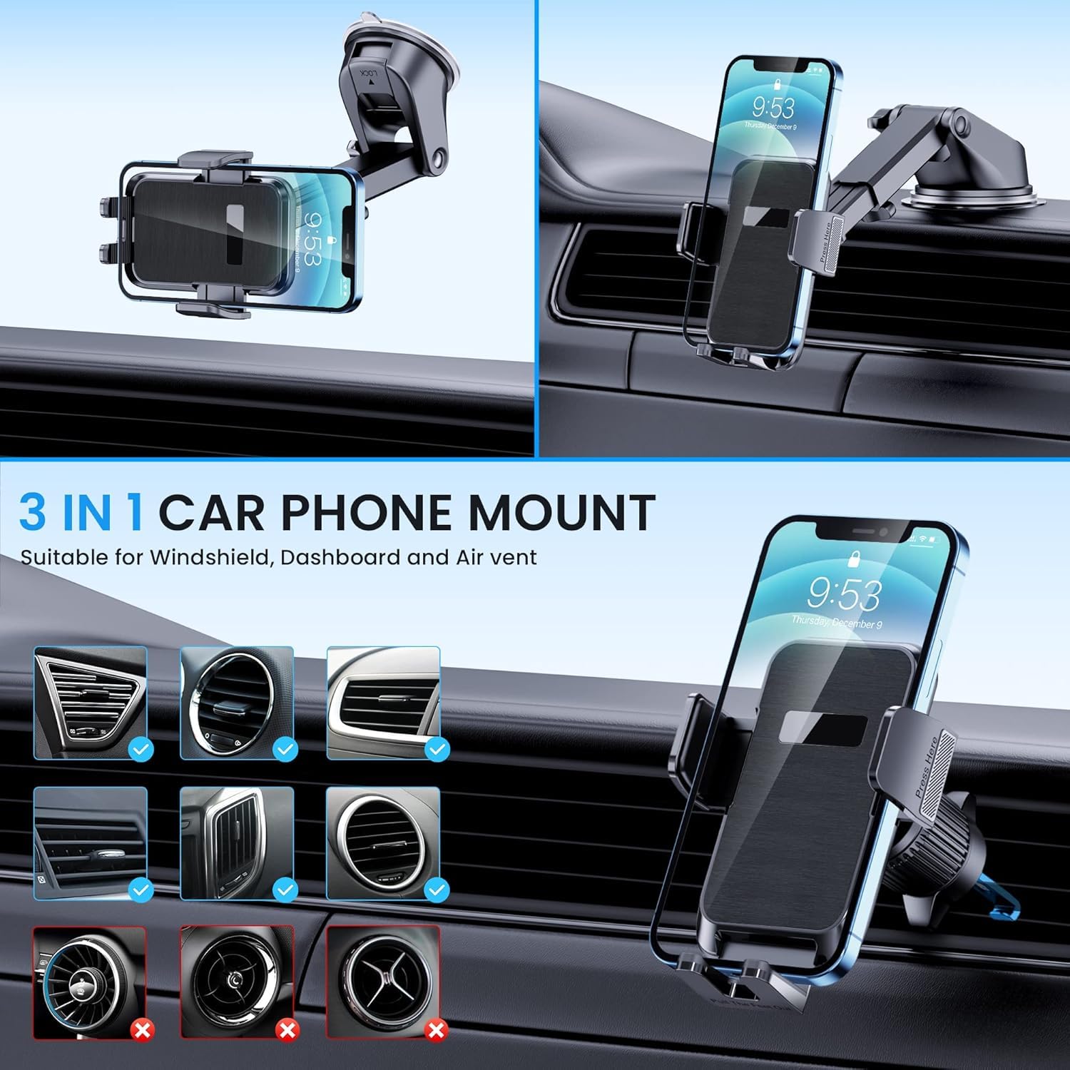 CINDRO Phone Mount for Car Phone Mount Phone Holder Car Mount for iPhone Automobile Cell Phone Accessories for Dashboard Windshield Air Vent Fit All iPhone Android Smartphones