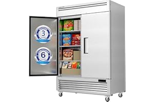 Coolake 54" W Commercial Freezer, 49 Cu Ft Solid Door Upright Freezer with 8 Adjustable Shelves, -13°F ~ -5°F, Frost-free Stainless Steel Industrial Reach-in Freezer for School Restaurant Prep Kitchen