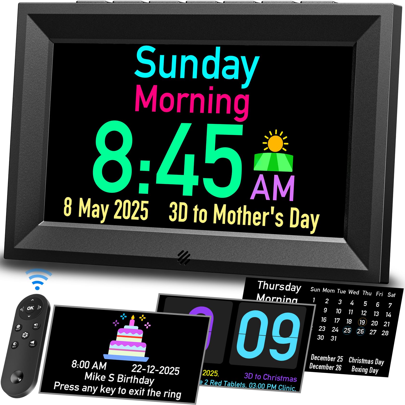 Photo 1 of GOLOZA 7'' Digital Calendar Clock, Talking Clock with 10 Volumes, 6 Display with 10 Color Modes, Auto Dimmable, Alarms & Birthday & Holiday Reminders, 3 Pill Reminders Clocks for Kids Adults Seniors