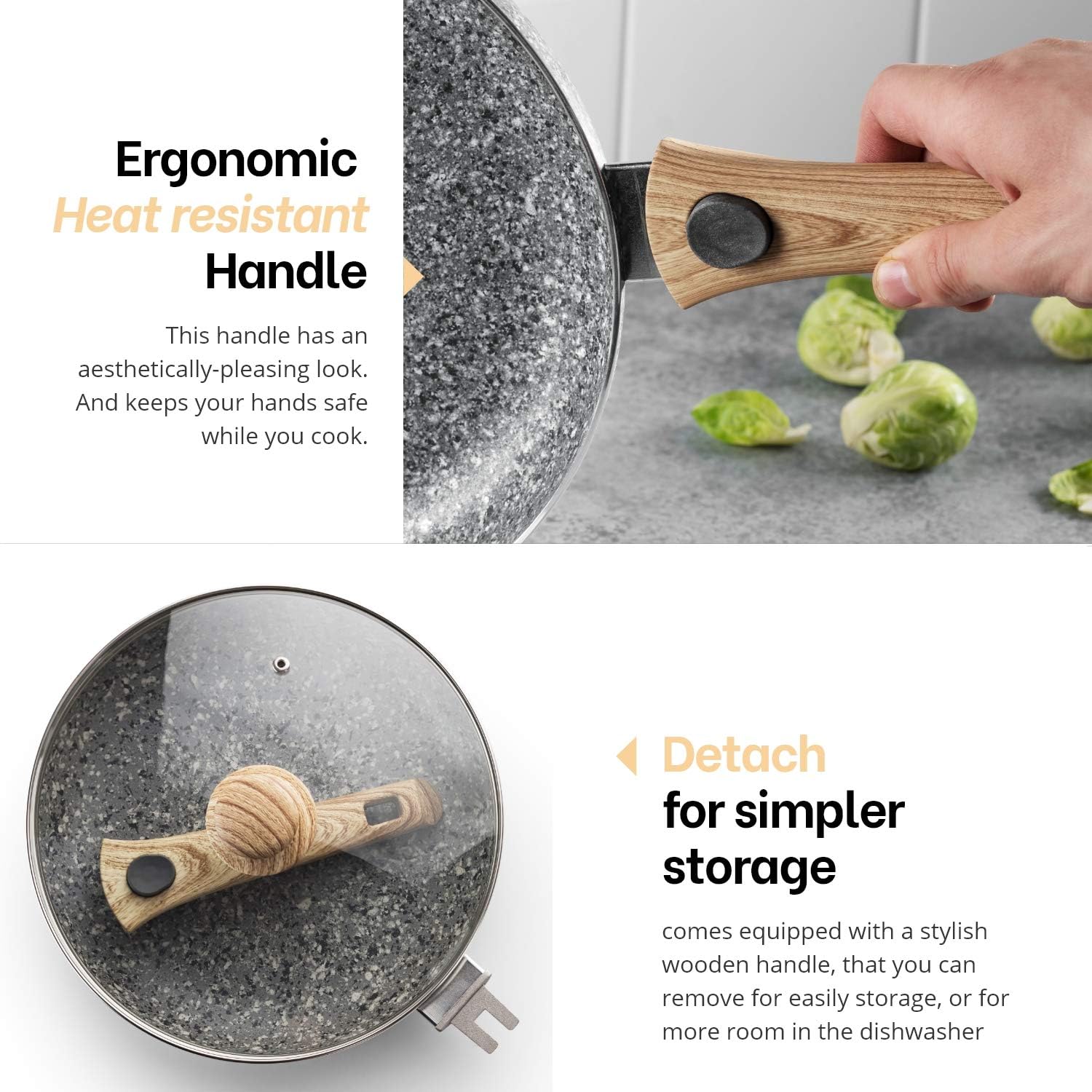 Mitbak 12-Inch Non-Stick Frying Pan with Lid | Granite Coating Nonstick Skillet with REMOVABLE Heat-Resistant Wooden Handle | Premium Cooking & Kitchen Utensil | Induction Compatible: Kitchen & Dining