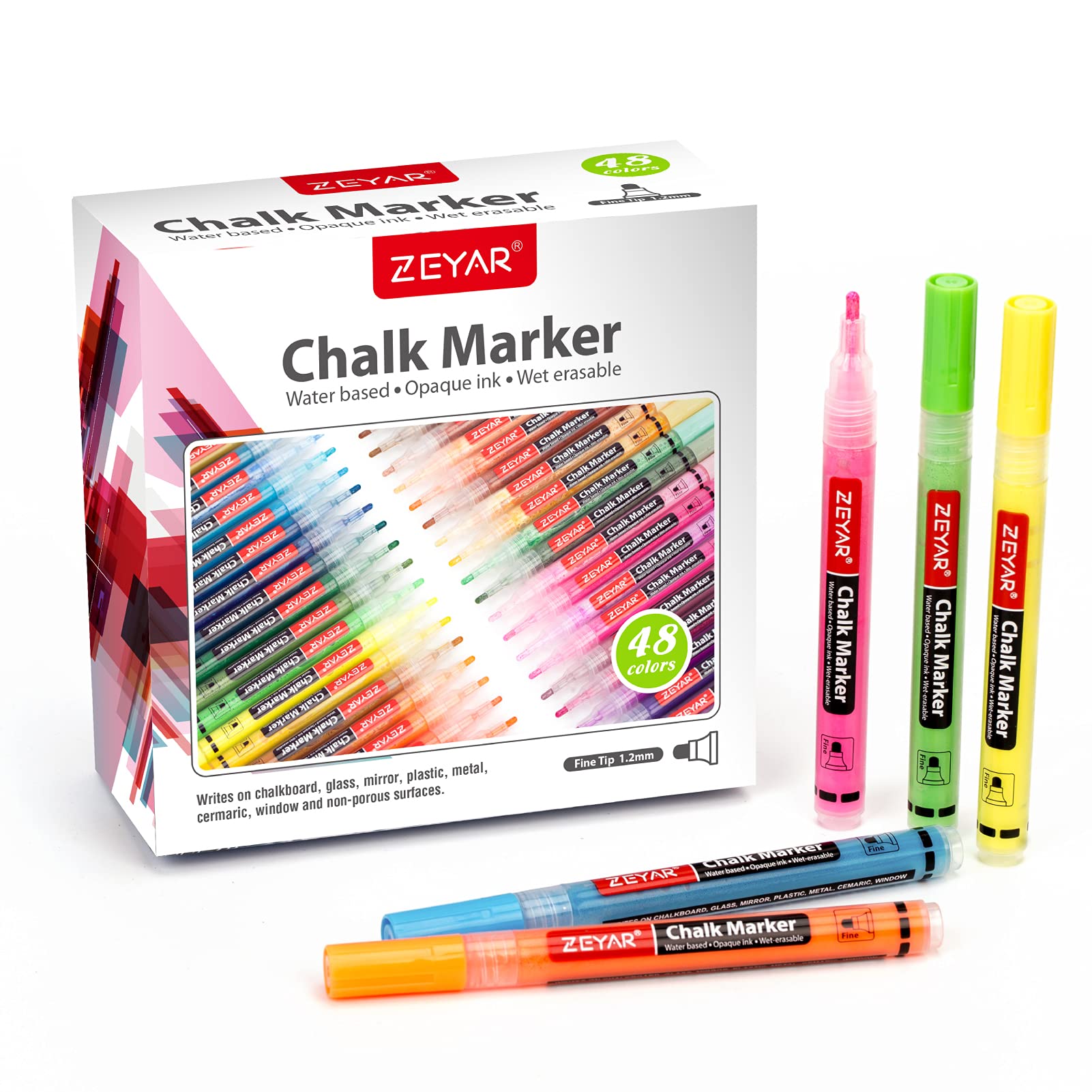 ZEYAR Liquid Chalk Marker, Wet Erase Marker, Water-Based Opaque Ink, Fine Tip for Detailed Drawing, Writes on Nonporous Chalkboards, Bistro Boards, Windows, Plastic and more (48 Full Colors)