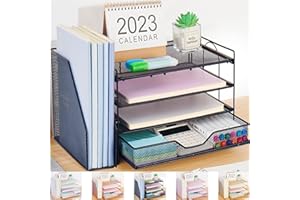 OPNICE Desk Organizers and Accessories, 4-tier Desk Paper Letter Tray Organizer with Removable File Holder + Drawer, Office Desktop Workspace File Organizer for Office Supplies Desk Accessories, Black