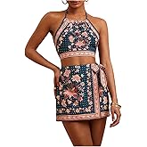 RoseSeek Women's Boho Outfits 2 Piece Floral Crop Halter Tops with Wrap Skorts Vacation Clothing Set