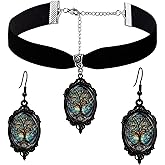Gothic Necklace Earrings Set for Women,Vintage Black Velvet Witch/Crow/Bat Glass Pendant Necklace Punk Style Crystal Cameo Glass Jewelry Set Goth Victorian Costume Halloween Accessories