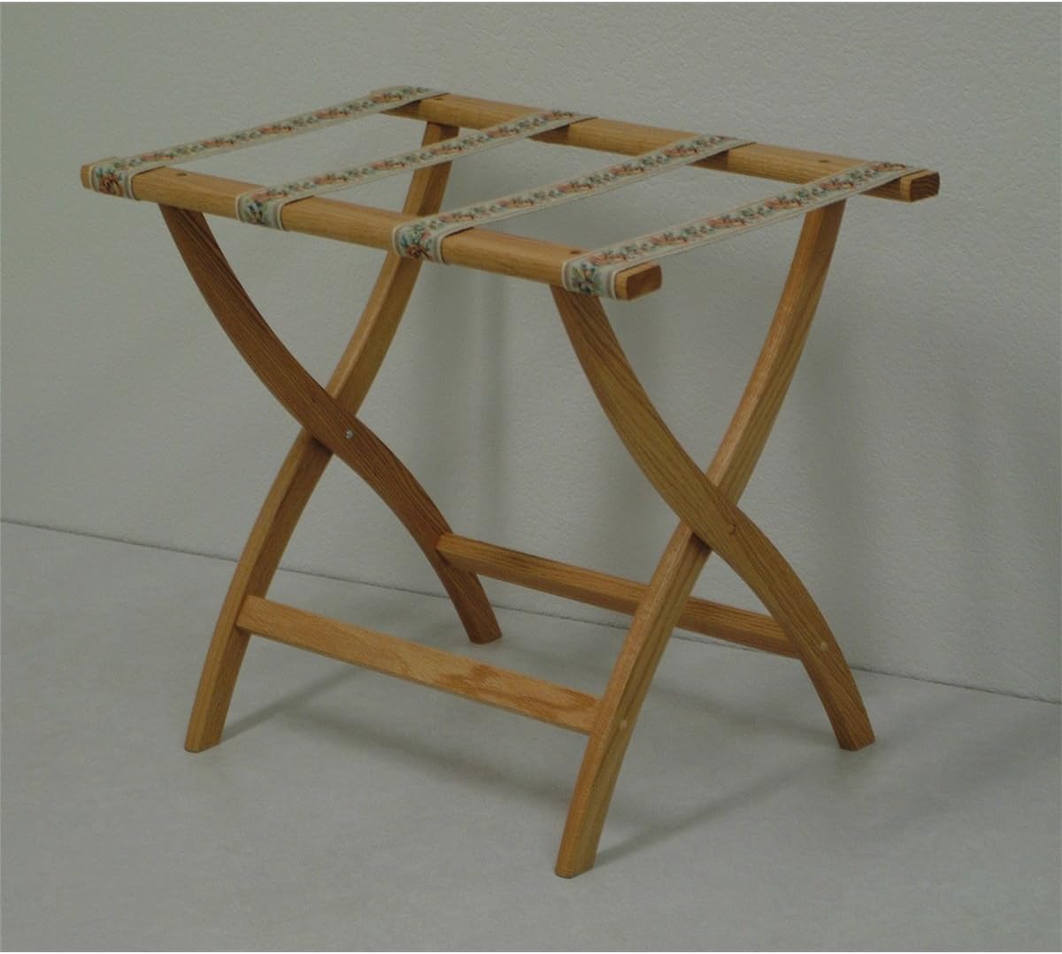 Folding Solid Oak Deluxe Luggage Rack w Four Support Straps (Light Oak with Tapestry bing
