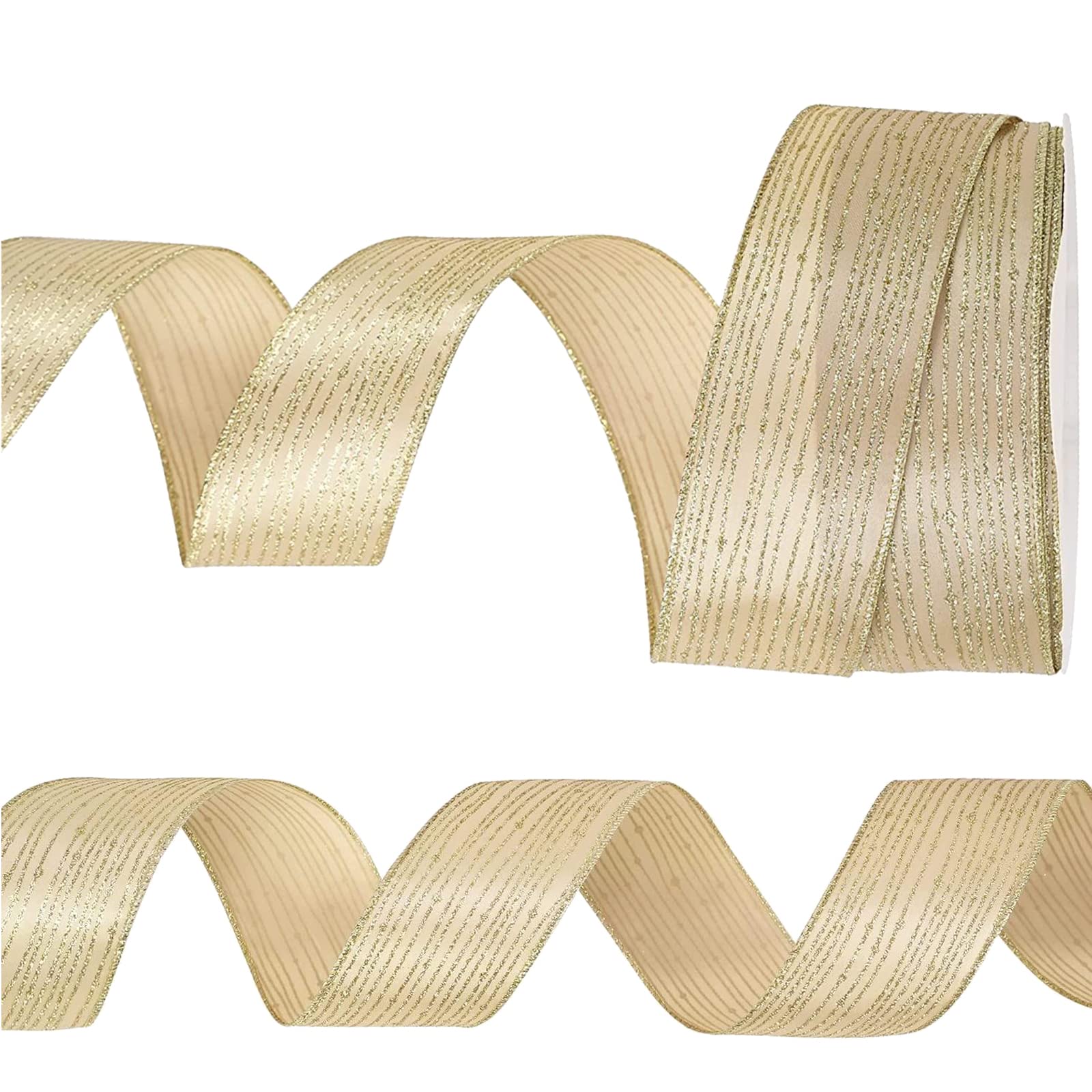 Christmas Tree Ribbon 2.5"/10yard Champagne Wired Gold Glitter for Crafting, Decor, Gift Packaging, Party Decoration (Gold)