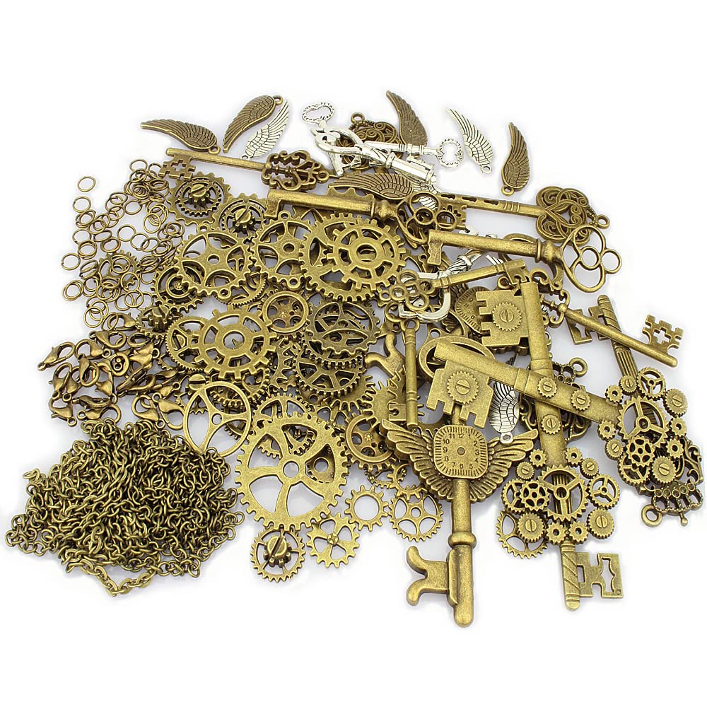 LolliBeads 230 Gram Antiqued Bronze/Silver Metal Skeleton Keys and Wings, Bronze Steampunk Watch Gear Cog Wheel, Chains, Clasps and Jump Rings DIY Kits (300 Pcs) — image 1